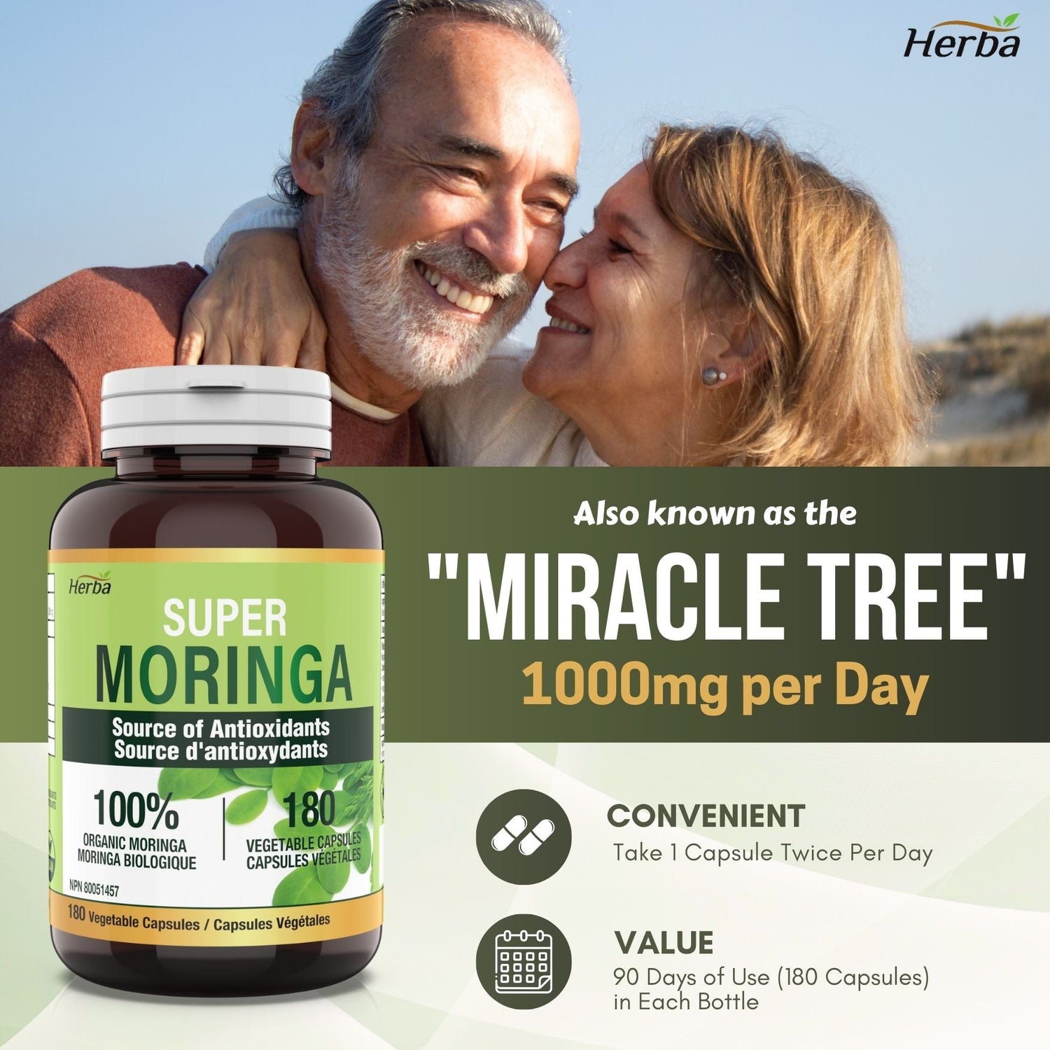 Organic Moringa Leaf Capsules - 180 Vegetable Capsules | 1000mg Per Day - Herba