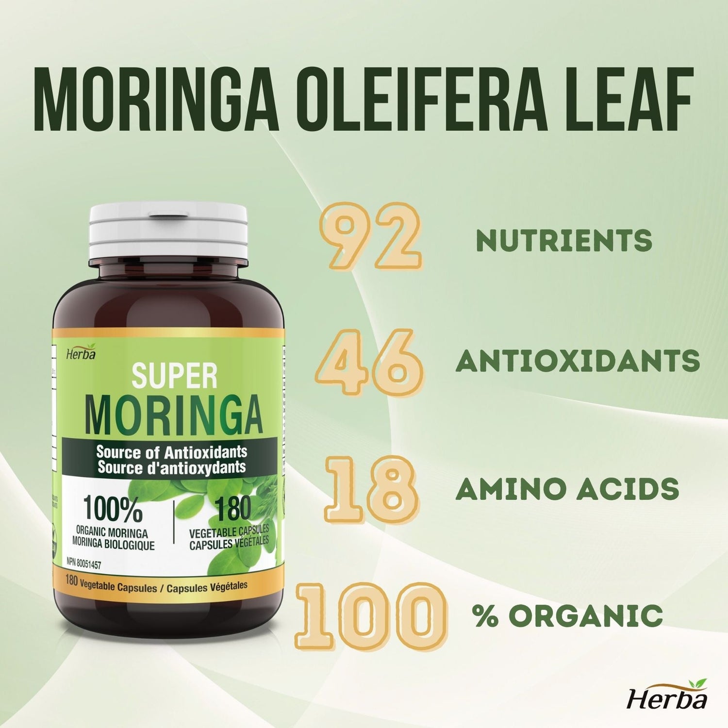 Organic Moringa Leaf Capsules - 180 Vegetable Capsules | 1000mg Per Day - Herba