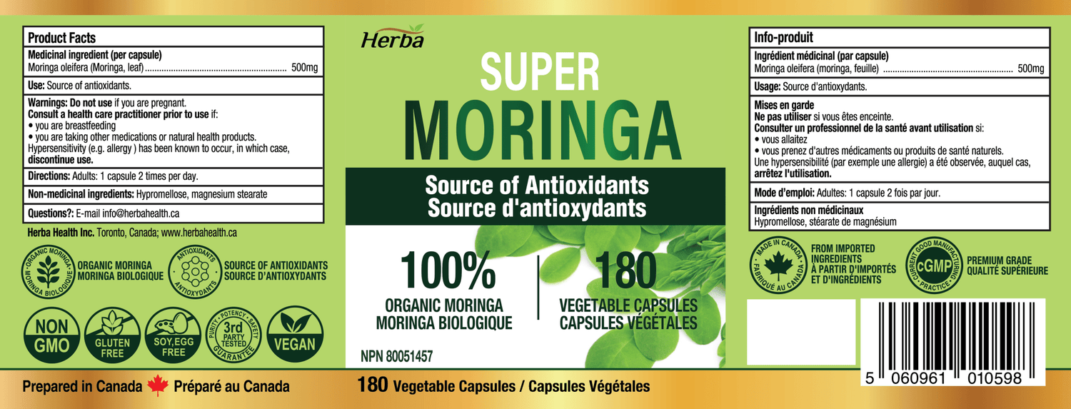 Organic Moringa Leaf Capsules - 180 Vegetable Capsules | 1000mg Per Day - Herba