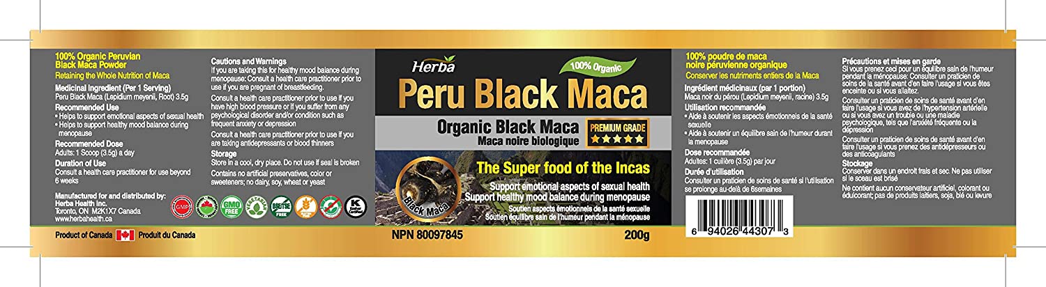 Organic Peru Black Maca Powder - 200g - Herba