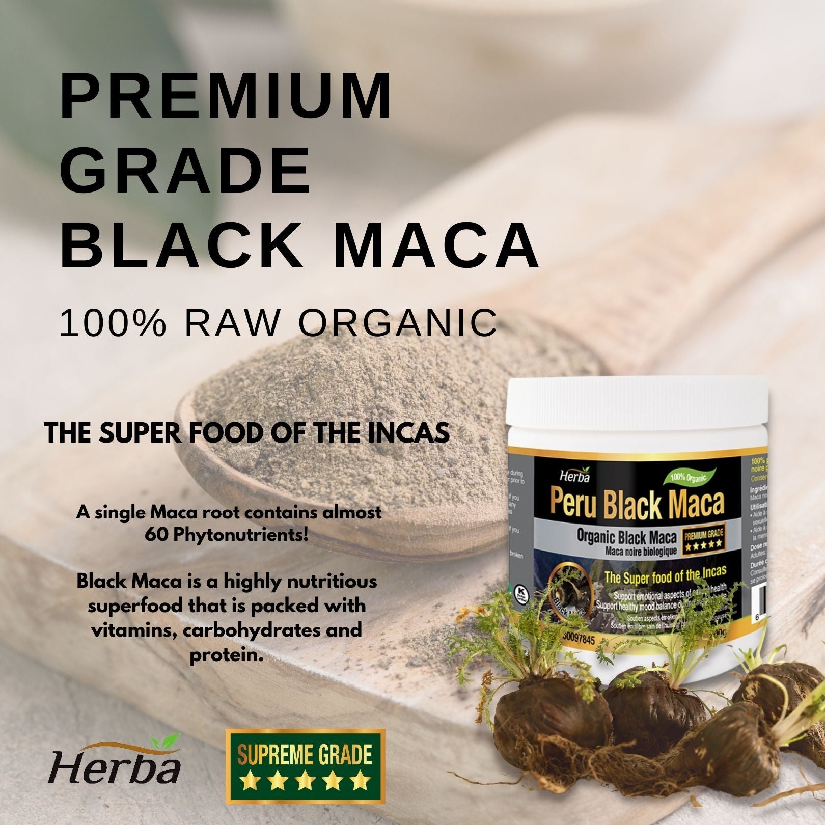 Organic Peru Black Maca Powder - 200g - Herba