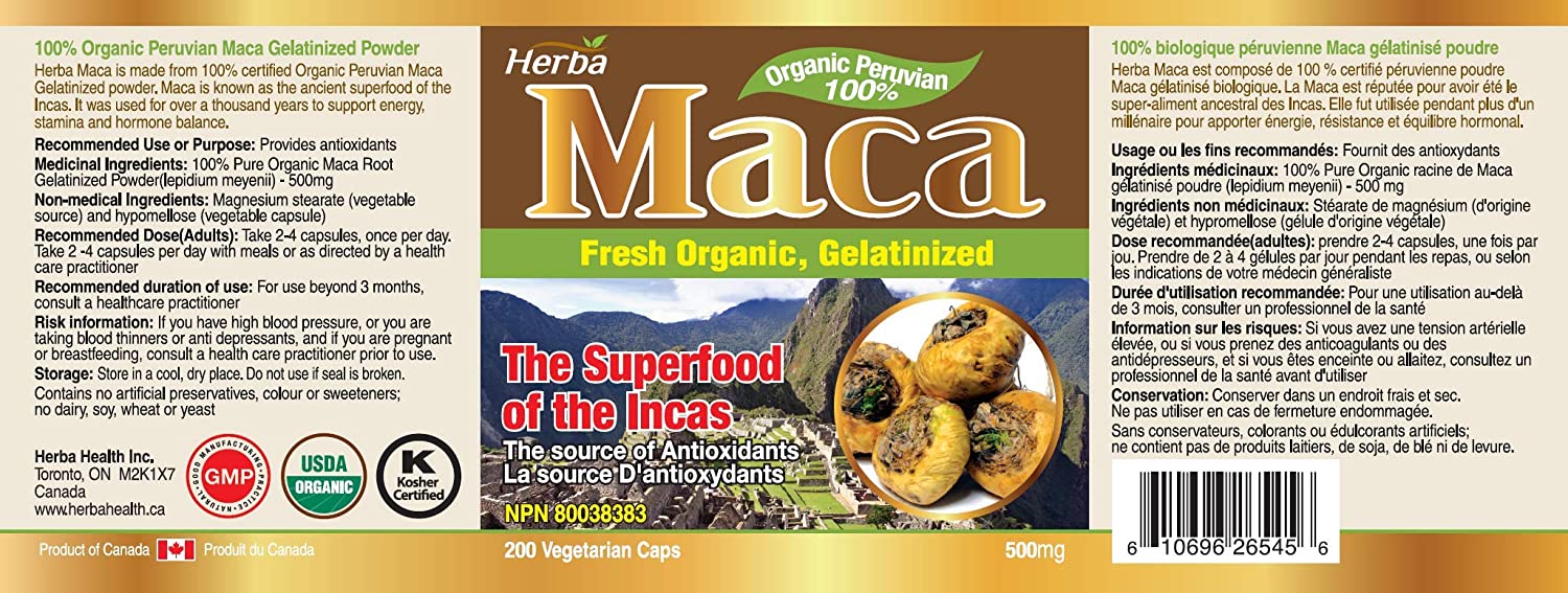 Organic Peruvian Maca Capsules - 500mg, 200 Capsules - Herba