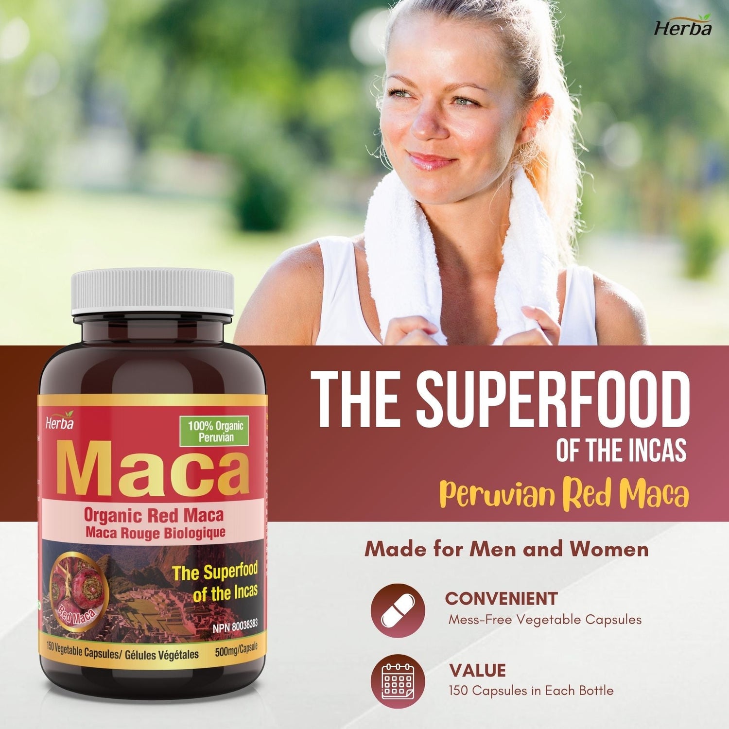 Organic Red Maca Capsules for Women – 500mg, 150 Capsules - Herba