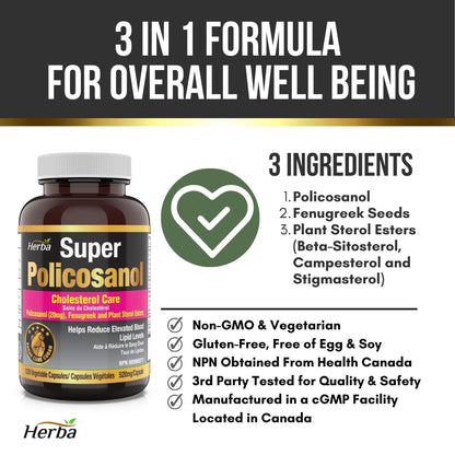 Policosanol 20mg with Fenugreek and Plant Sterol Esters - 120 Vegetable Capsules - Herba