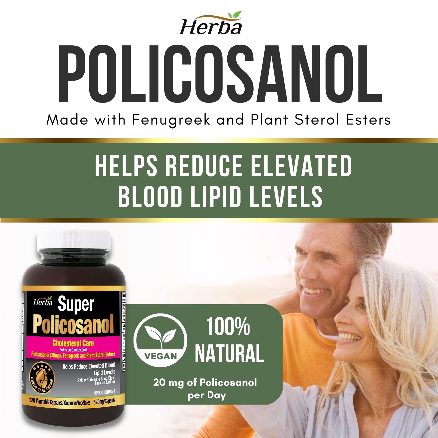 Policosanol 20mg with Fenugreek and Plant Sterol Esters - 120 Vegetable Capsules - Herba