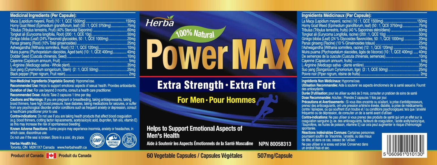 Power Max - 60 Capsules | Tongkat Ali, Maca, Tribulus, Panax Ginseng and 9 Other Ingredients - Herba