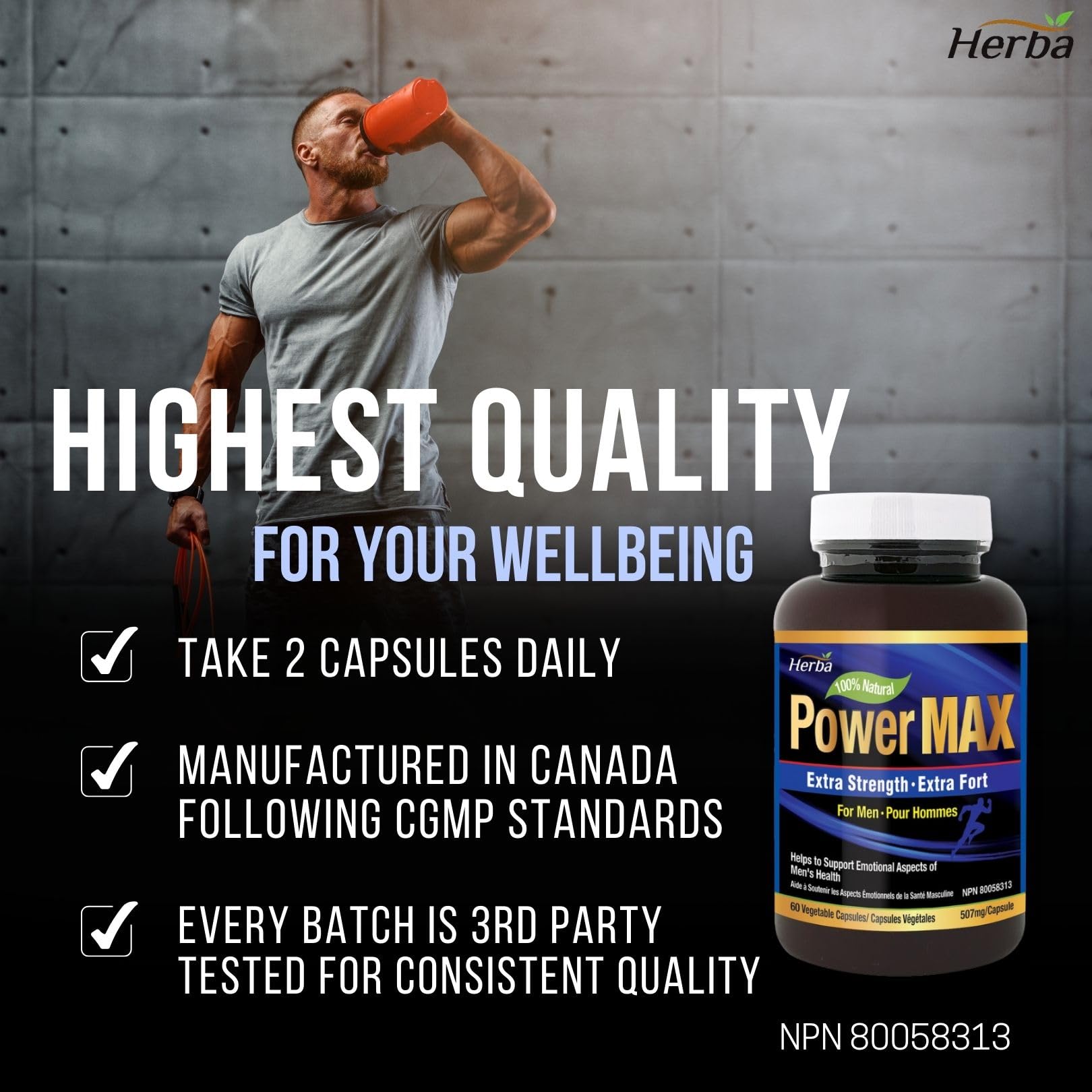 Power Max - 60 Capsules | Tongkat Ali, Maca, Tribulus, Panax Ginseng and 9 Other Ingredients - Herba