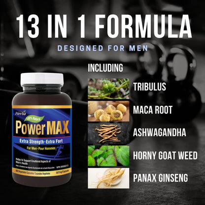 Power Max - 60 Capsules | Tongkat Ali, Maca, Tribulus, Panax Ginseng and 9 Other Ingredients - Herba