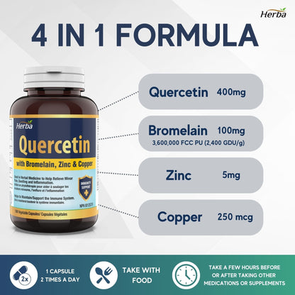 Quercetin with Bromelain, Zinc &amp; Copper - 180 Capsules - Herba