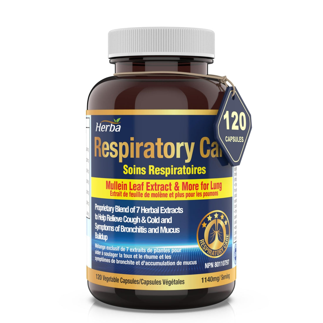 Respiratory Care - 120 Capsules | Lung Supplement with Mullein Leaf Extract | Made in Canada - Herba