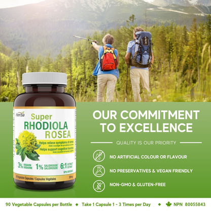 Rhodiola Rosea Supplement 200mg - 90 Vegetable Capsules | Made in Canada – 3% Rosavins and 1% Salidrosides - Herba