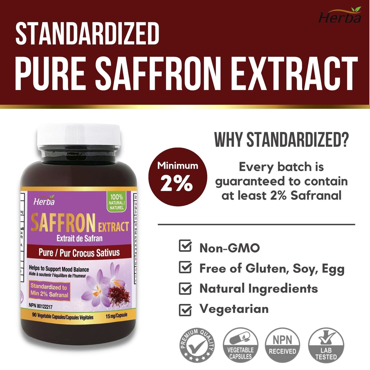 Saffron Supplement – 90 Capsules | Saffron Extract Standardized to 2% Safranal - Herba