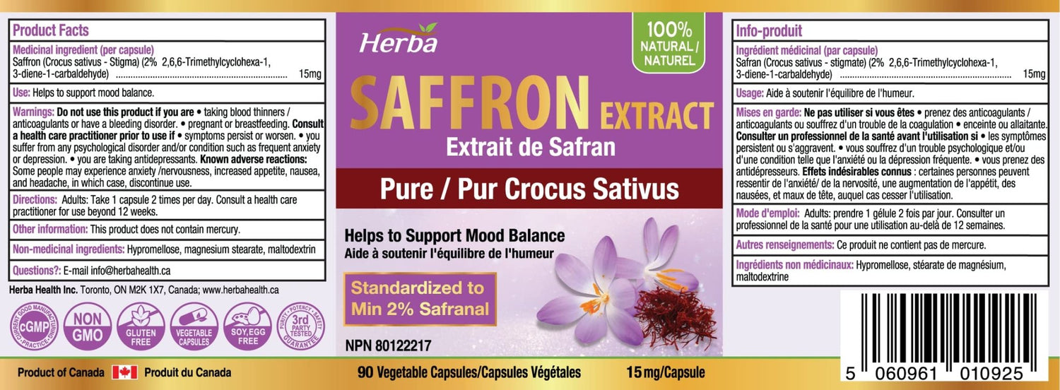 Saffron Supplement – 90 Capsules | Saffron Extract Standardized to 2% Safranal - Herba