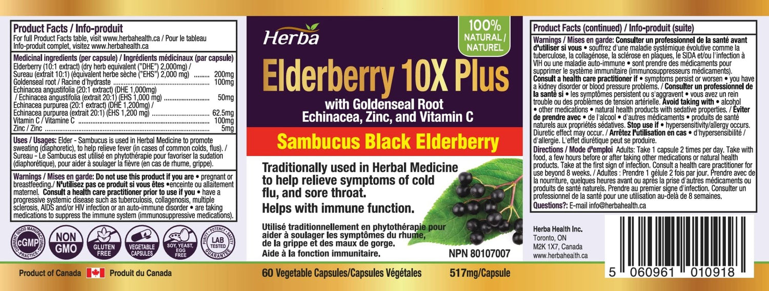 Sambucus Black Elderberry Capsules – 2,000mg Equivalent | 10:1 Extract with Echinacea and Goldenseal Root, Vitamin C, and Zinc - Herba