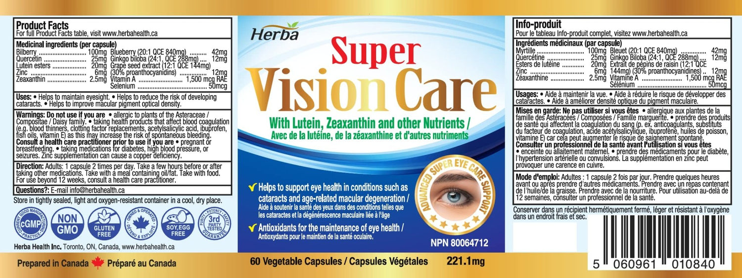 Vision Care Eye Vitamins with Lutein and Zeaxanthin Supplement – 60 Capsules - Herba