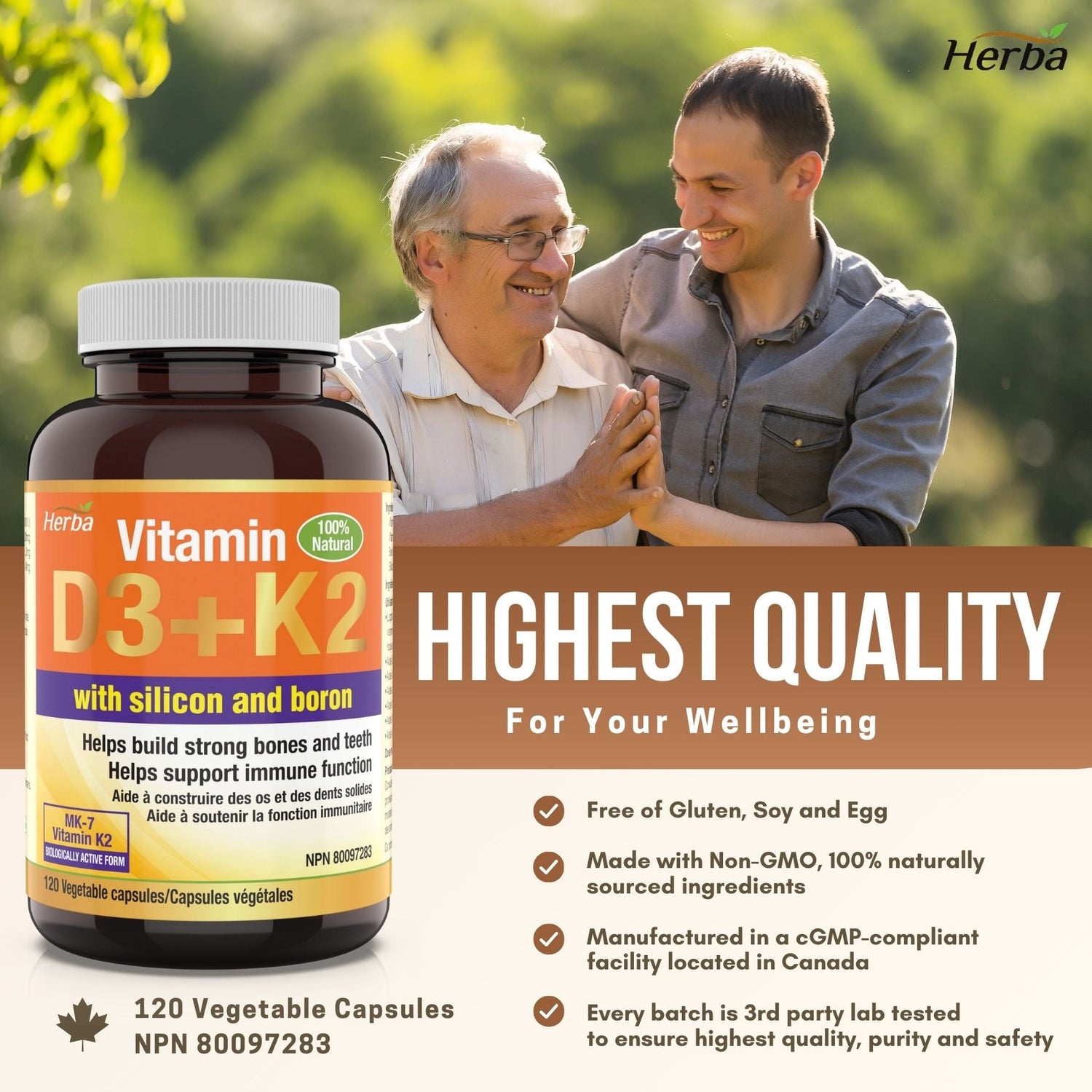 Vitamin D3 + K2 with Boron Supplement - 120 Vegetable Capsules | Vitamin K2 MK - 7 and Vitamin D3 1000 IU - Herba